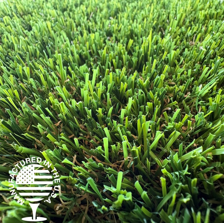 Close up image of artificial turf for pets with a Manufactured in the USA logo in the bottom left. Close up image of artificial turf for pets with a Manufactured in the USA logo in the bottom left.