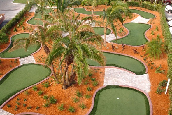 Phoenix Aerial view of a mini golf course with synthetic grass and palm trees.
